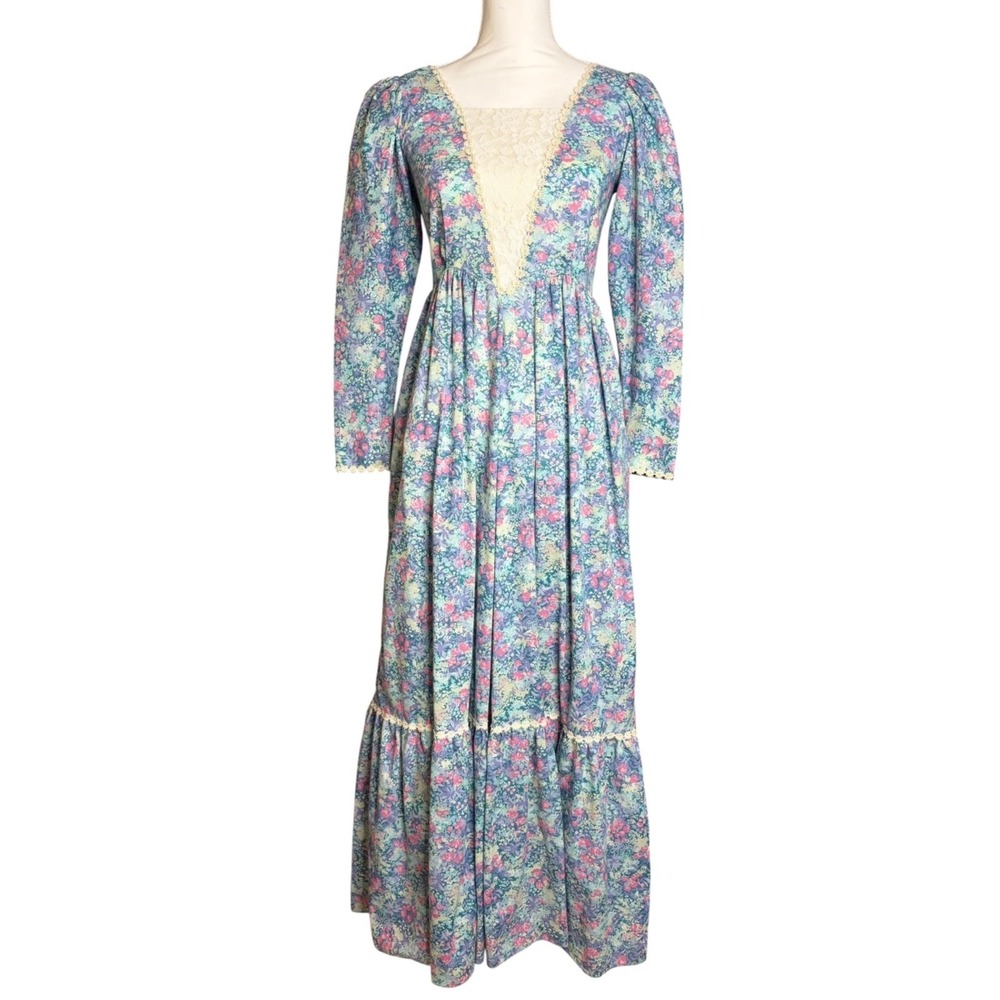 Vintage Prairie Maxi Dress XS / S Blue Floral Cottagecore Western Hilda Hawaii - Picture 3 of 10